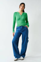 Essential Long-Sleeved Micro-Ribbed Henley Top-Mono B