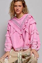 Pol Clothing - French Terry Eyelet Ruffle Vintage Washing Solid Knit Top