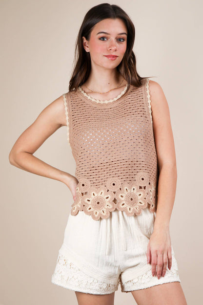 VERY J - NT12140-Floral Trim Detail Crochet Top