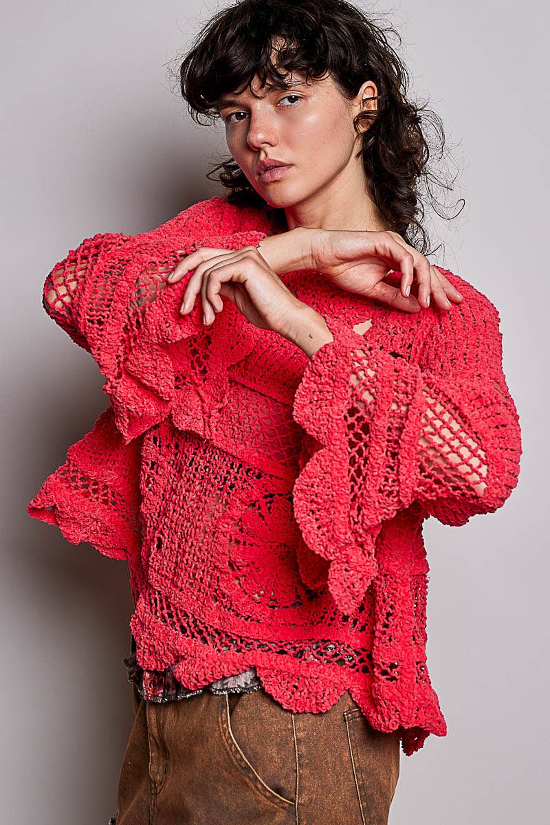 Pol Clothing - Textured Stitch Scalloped Trim Crochet Knit Sweater Top