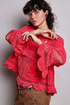 Pol Clothing - Textured Stitch Scalloped Trim Crochet Knit Sweater Top