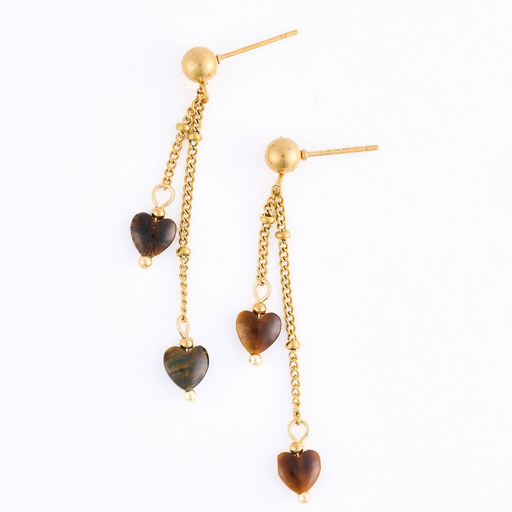 Howard's - Waterproof Earrings Tiger Eye Hearts Drop Narelle Gold