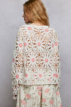 Pol Clothing - Floral Weave Round Neck Long Sleeve Crochet Top