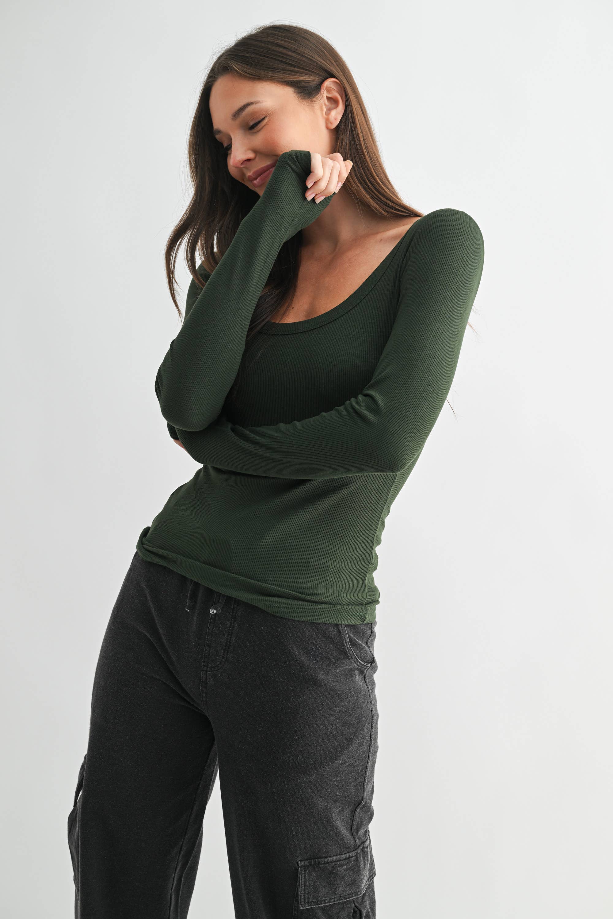 Scoop Neck Micro-Ribbed Long Sleeve Top Mono B