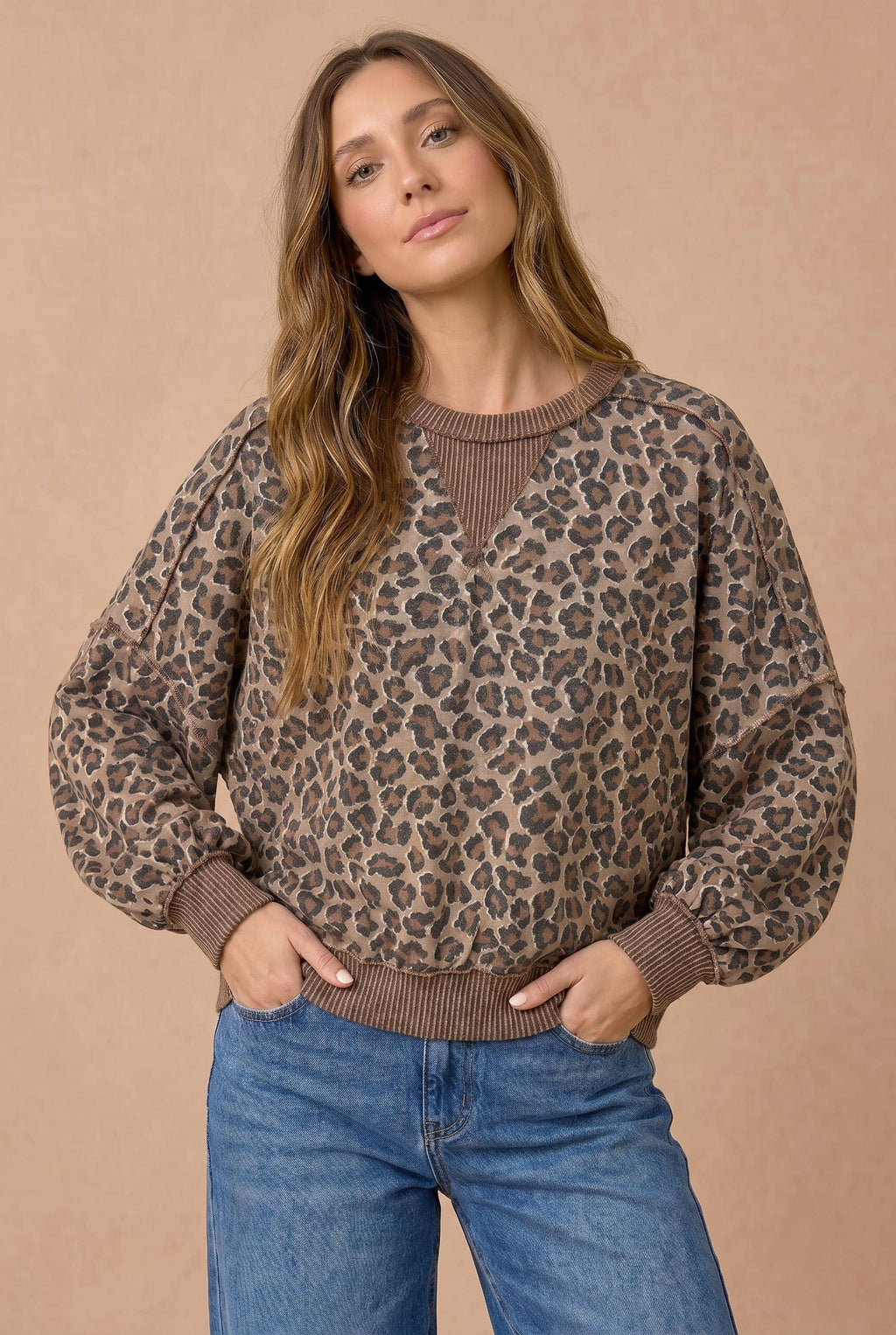 Haptics - Plus Leopard Print Wave Rib Banded Hem Pullover