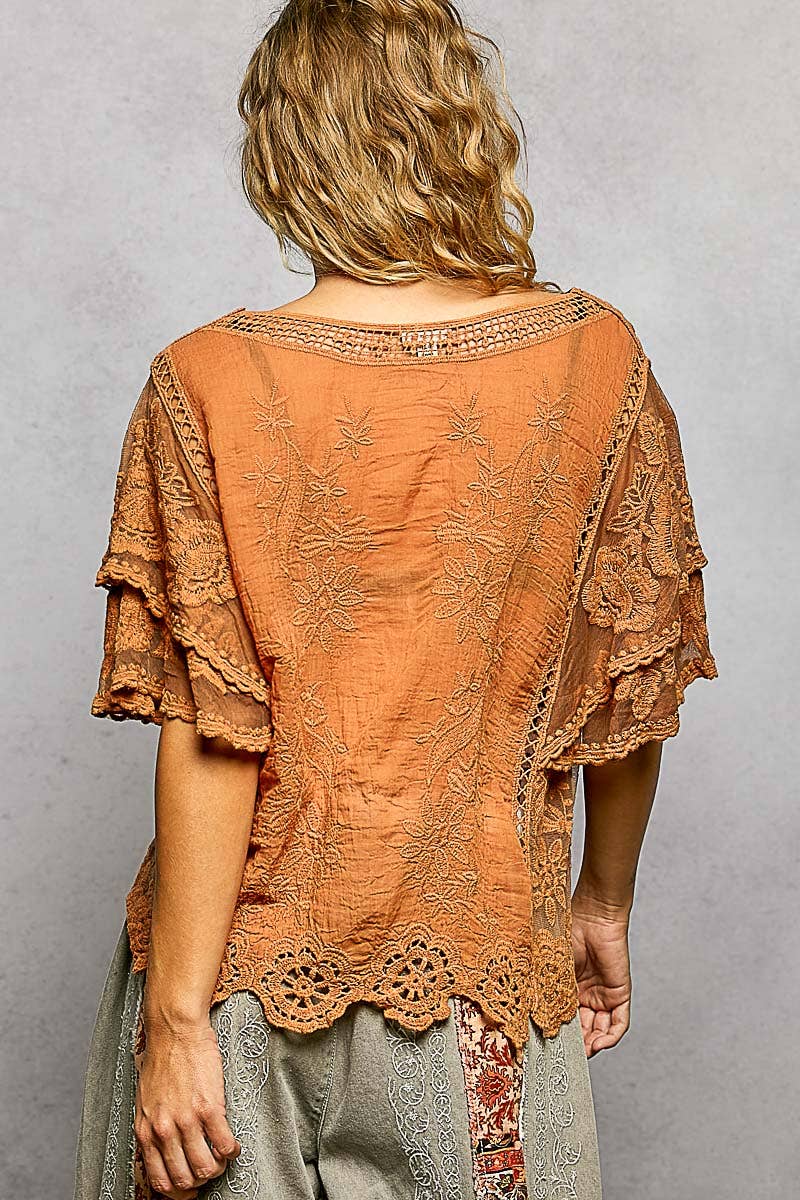 Pol Clothing - V-neck Short Sleeve Crochet Trim Solid Top