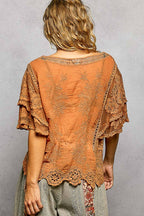 Pol Clothing - V-neck Short Sleeve Crochet Trim Solid Top