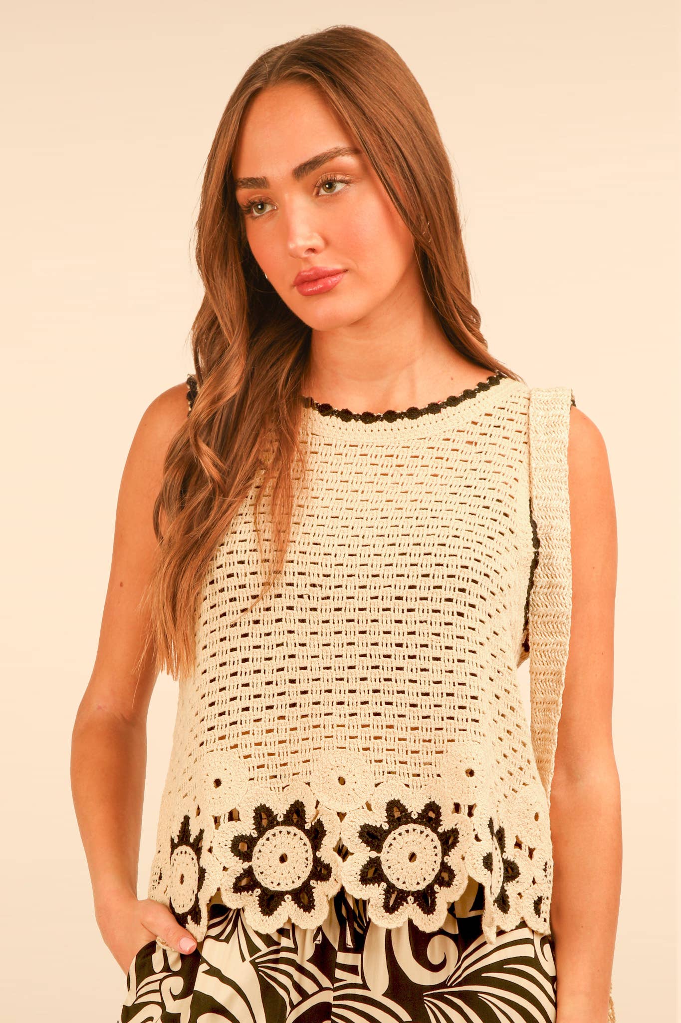 VERY J - NT12140-Floral Trim Detail Crochet Top