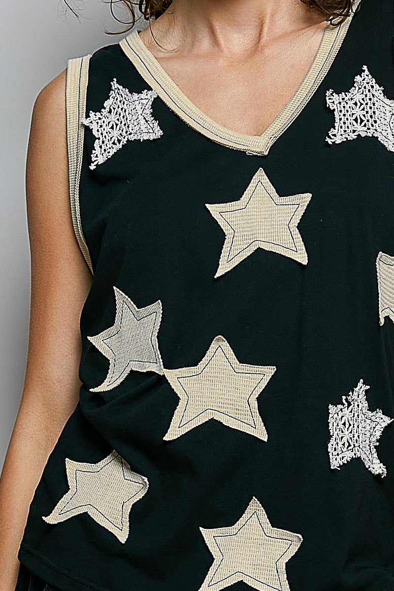 Pol Clothing - Boho Floral Star Patch Rib Sleeveless Top