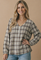 Haptics - Plus Crinkle Plaid Pin Tuck Buttoned Woven Blouse