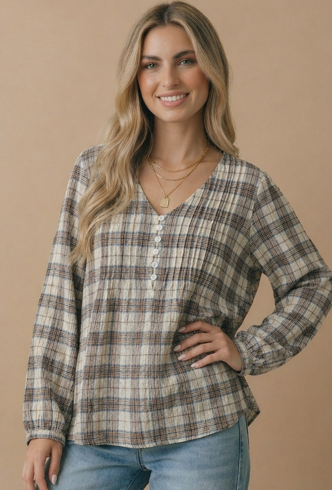 Haptics - Plus Crinkle Plaid Pin Tuck Buttoned Woven Blouse