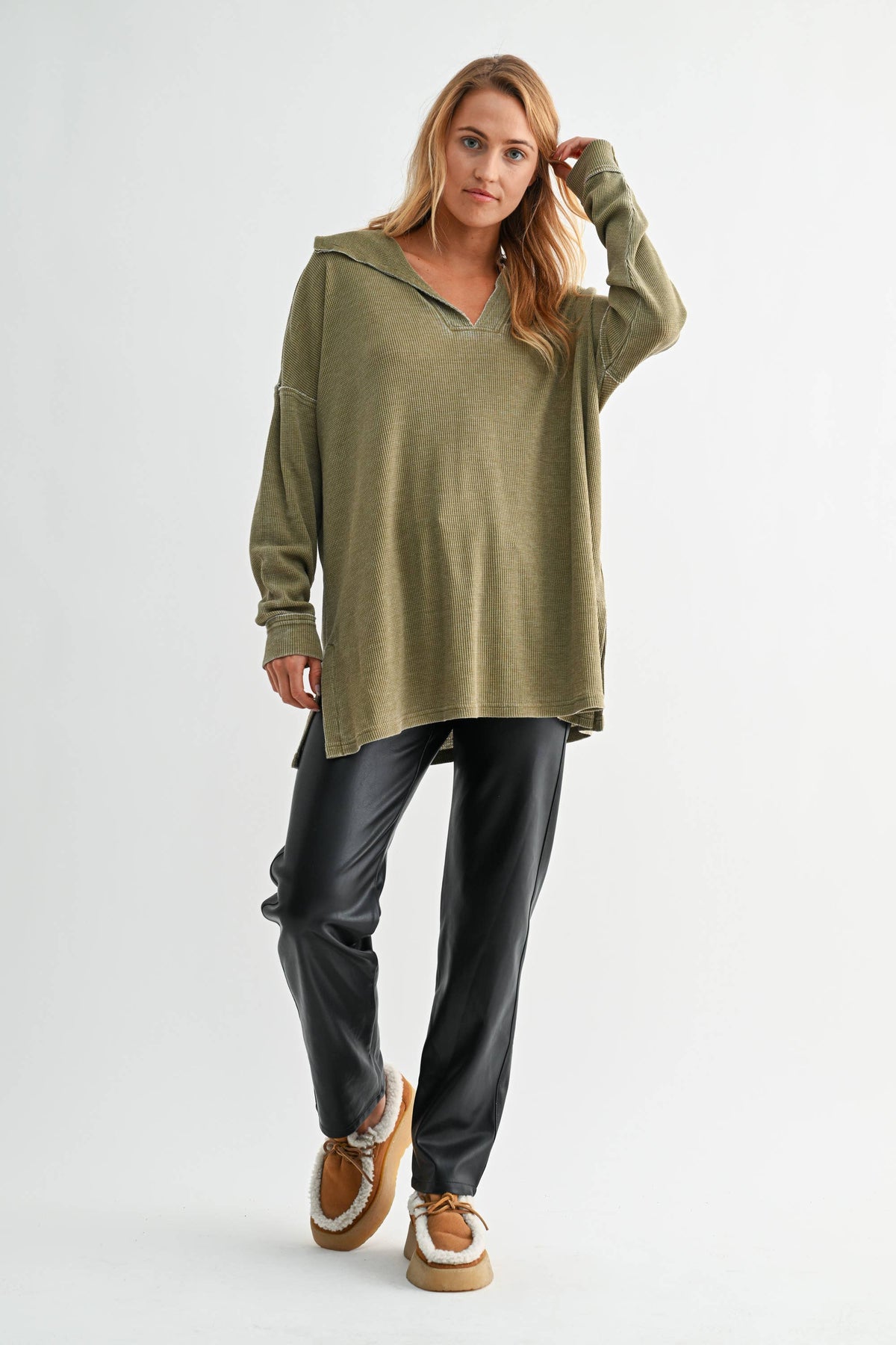 Cotton Blend Waffle Knit Oversized Collared Long Sleeve