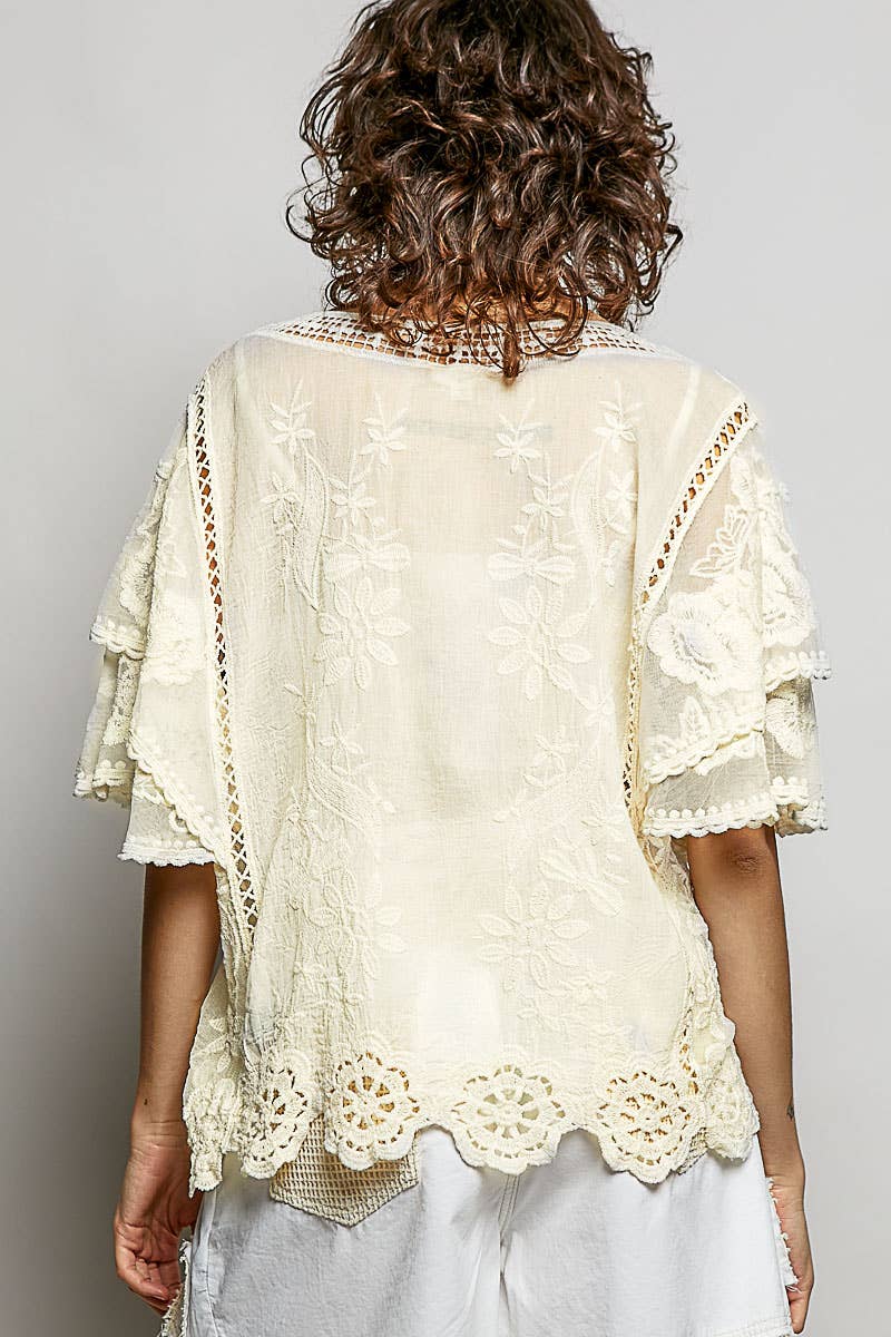 Pol Clothing - V-neck Short Sleeve Crochet Trim Solid Top