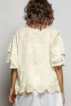 Pol Clothing - V-neck Short Sleeve Crochet Trim Solid Top