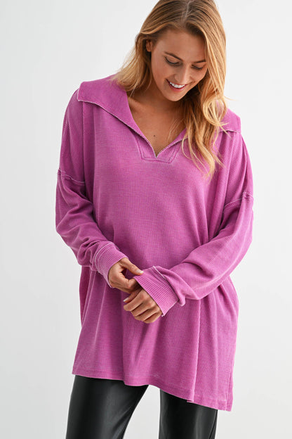 Cotton Blend Waffle Knit Oversized Collared Long Sleeve