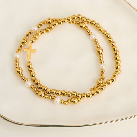Howard's - Cross Bracelet Pearl Station Bead Waterproof Narelle Duo Set