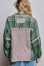 Pol Clothing - Plaid Mixed-Fabric Thermal Patch Studded Raw Edge Shirt
