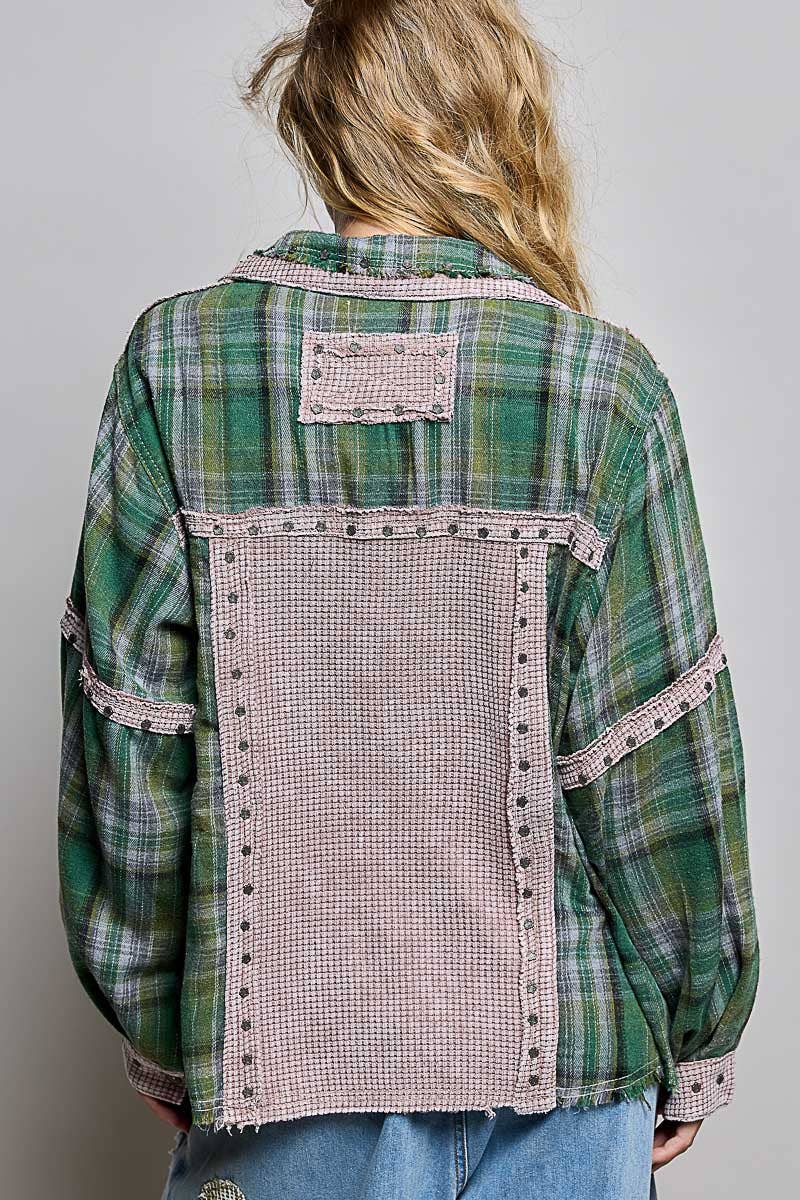 Pol Clothing - Plaid Mixed-Fabric Thermal Patch Studded Raw Edge Shirt