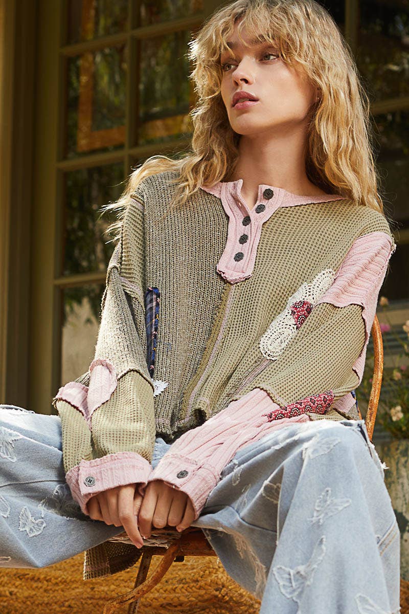 Pol Clothing - Round neck cut and sew patch oversized knit top