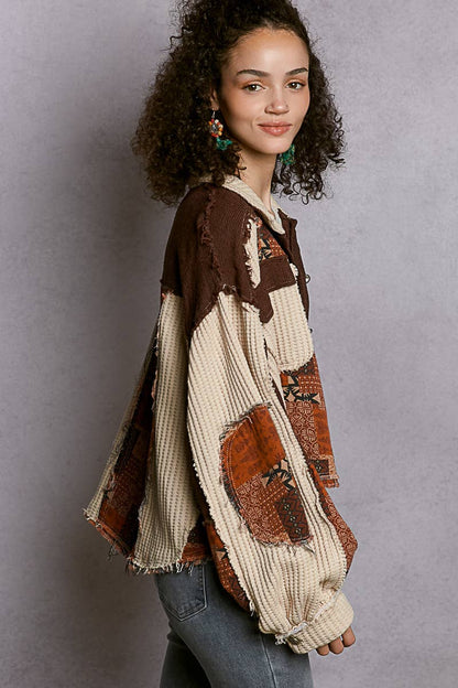 Pol Clothing - Balloon Sleeve Contrast Paisley Pattern Cropped Knit Jacket