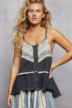 Pol Clothing - Double Gauze Denim Lace Patch Outseam Round Neck Sleeveless