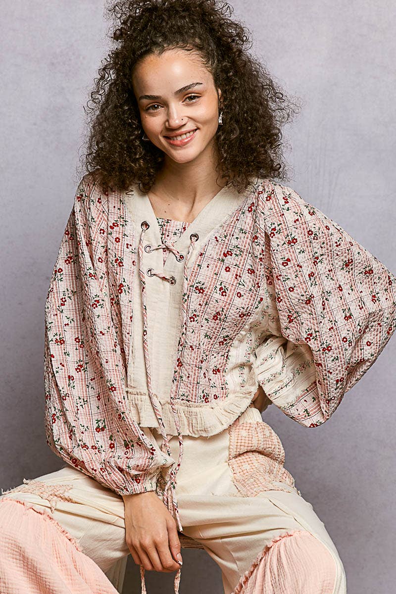 Strawberry V Neck Balloon Sleeve Floral Ruffle Woven Printed Top