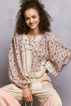 Strawberry V Neck Balloon Sleeve Floral Ruffle Woven Printed Top