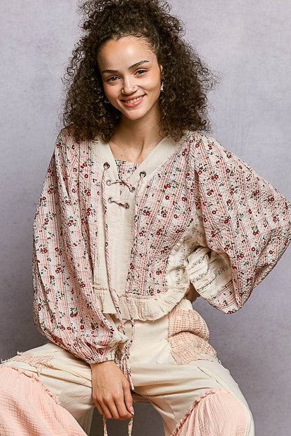 Strawberry V Neck Balloon Sleeve Floral Ruffle Woven Printed Top