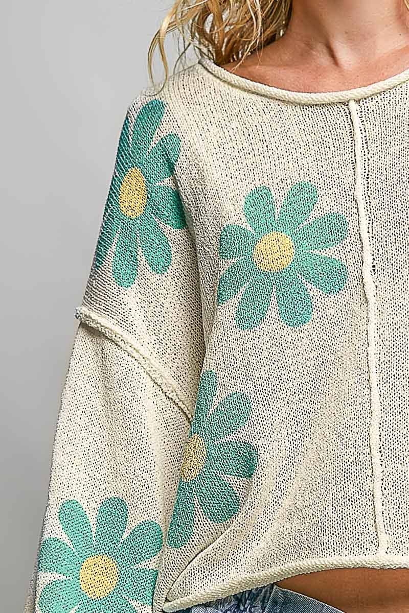 Pol Clothing - Round Neck Balloon Sleeve Floral Print Thin Sweater