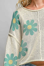 Pol Clothing - Round Neck Balloon Sleeve Floral Print Thin Sweater