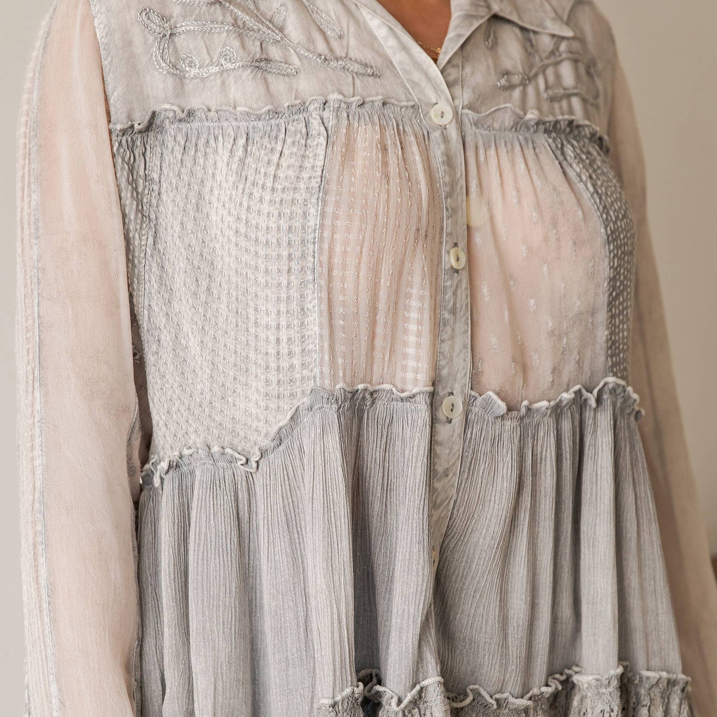 Young Threads - Mineral Wash Tiered Button-Down Blouse with Floral Details