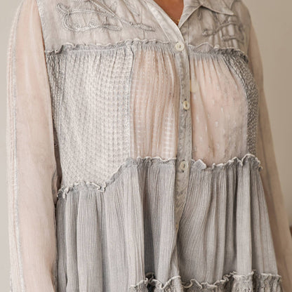 Young Threads - Mineral Wash Tiered Button-Down Blouse with Floral Details