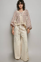 Strawberry V Neck Balloon Sleeve Floral Ruffle Woven Printed Top