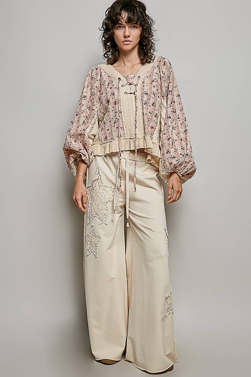 Strawberry V Neck Balloon Sleeve Floral Ruffle Woven Printed Top