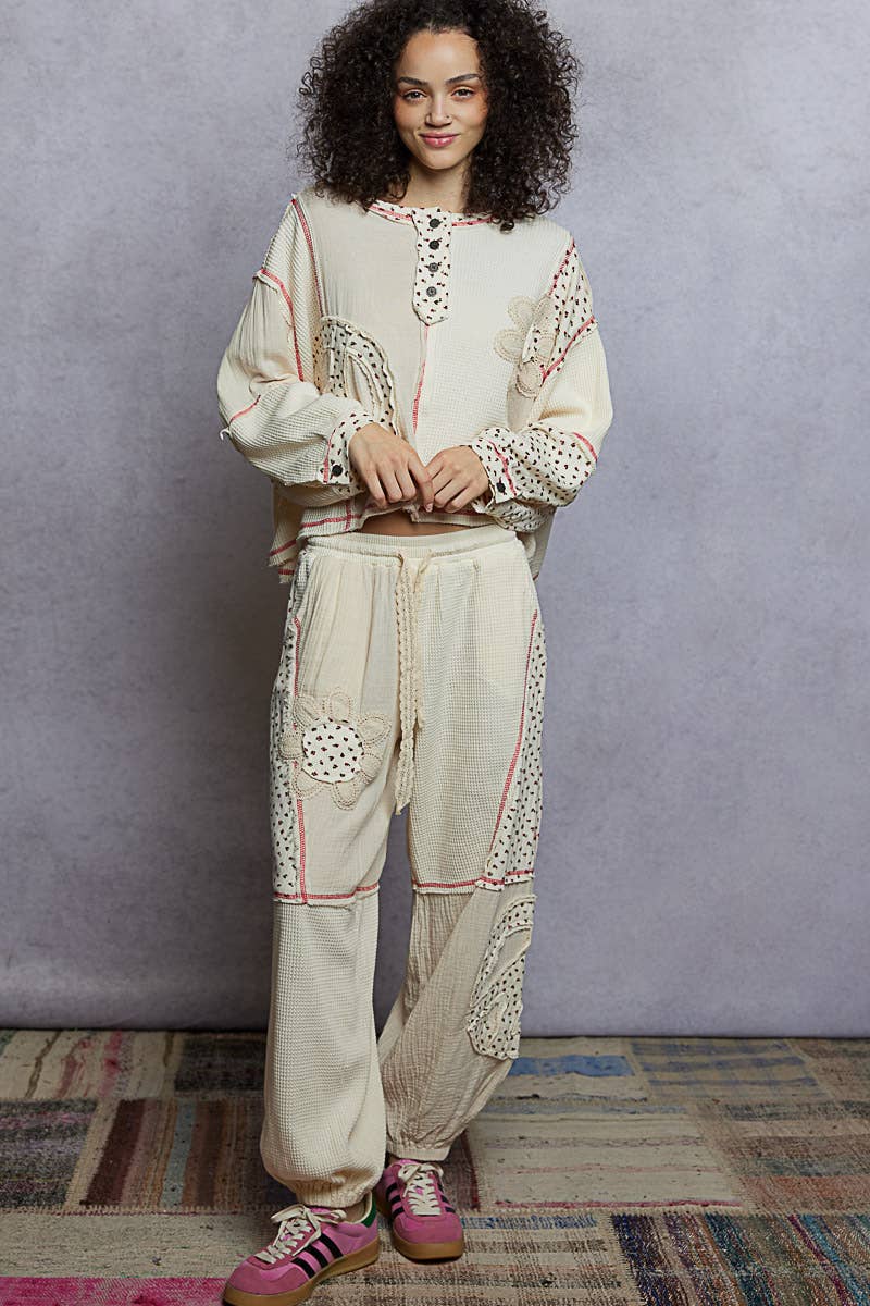 Pol Clothing - Round neck peace patch floral oversized fit knit top