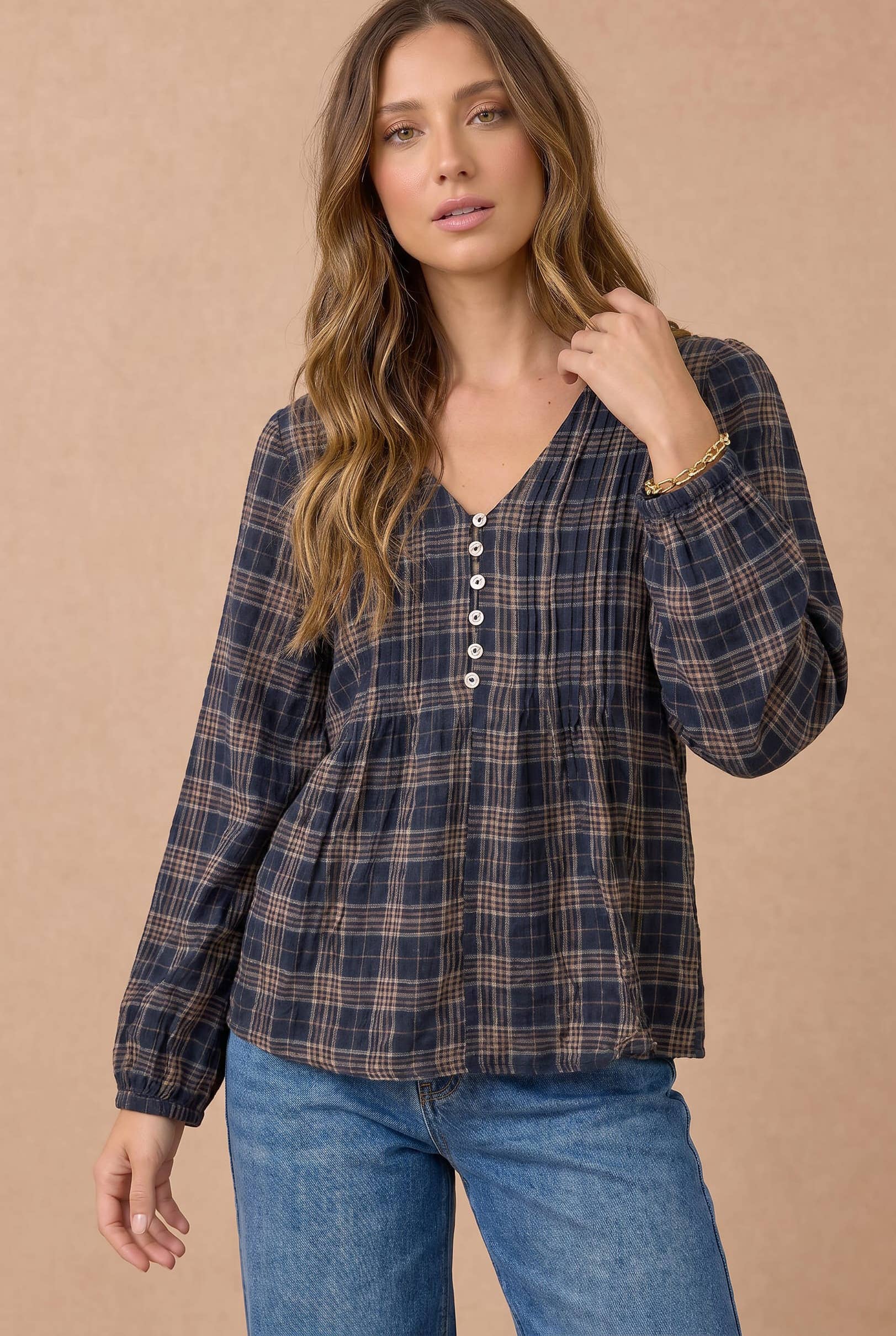 Haptics - Plus Crinkle Plaid Pin Tuck Buttoned Woven Blouse