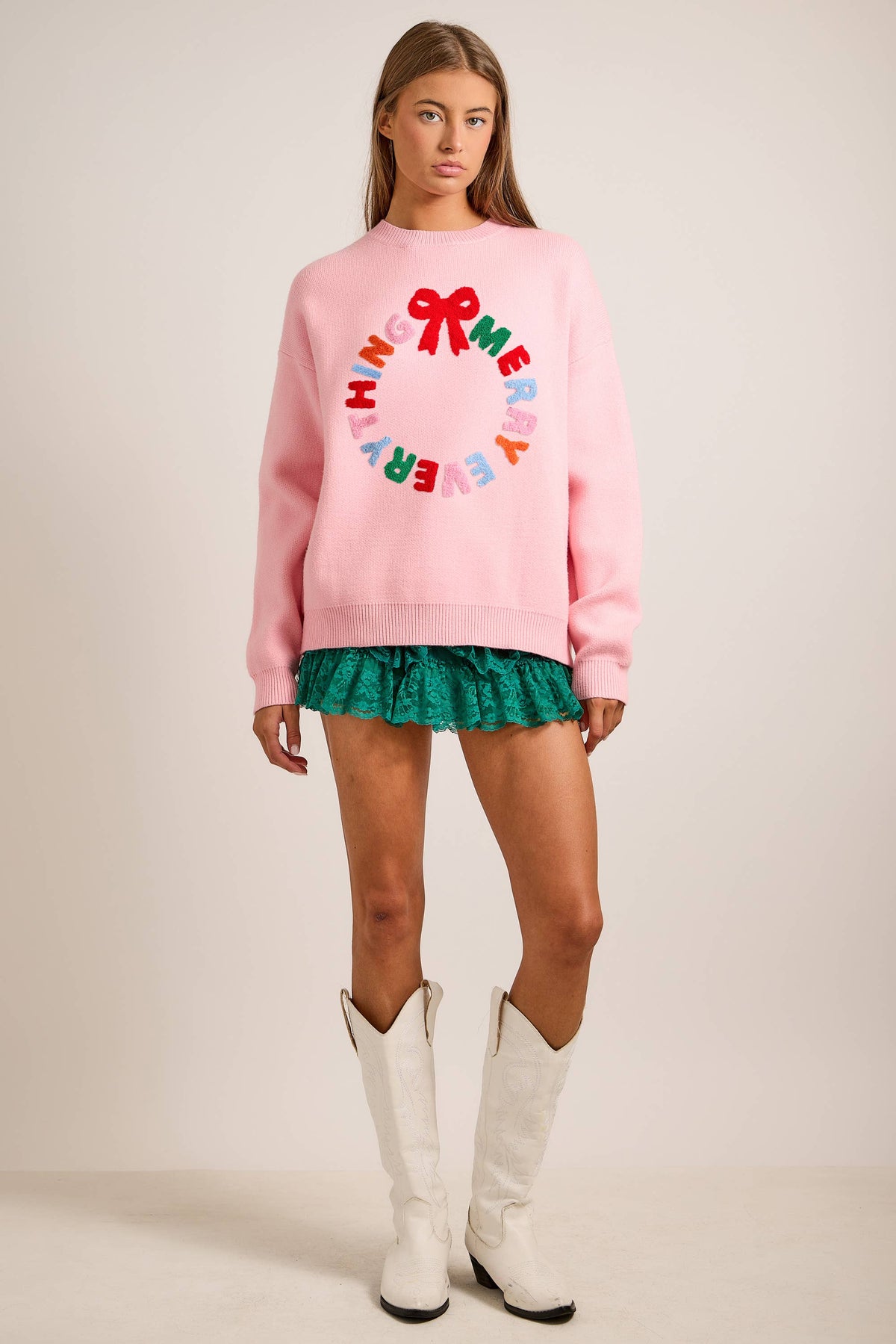 Merry Everything Knit Sweater with Wreath & Bow – Holiday