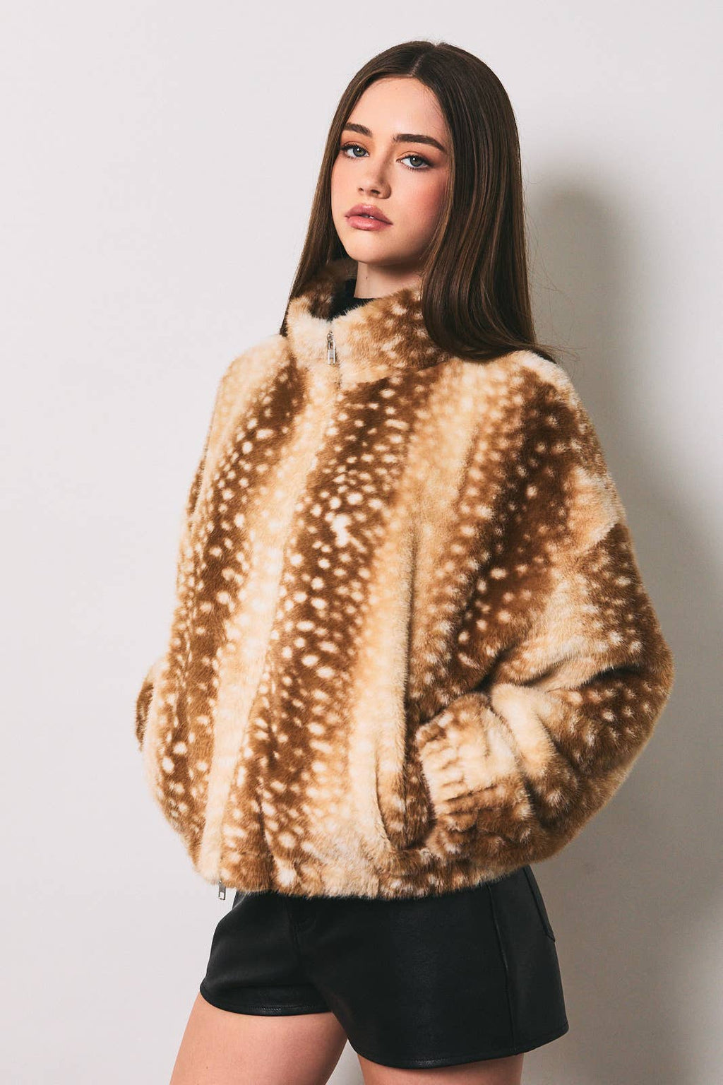 LE LIS - Faux Fur Deer Print Zip Jacket