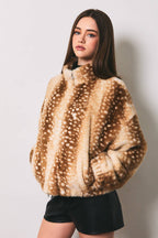 LE LIS - Faux Fur Deer Print Zip Jacket