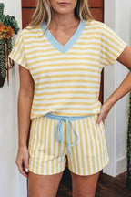 Stripe Colorblock Trim Tee Drawstring Elastic Waist Set