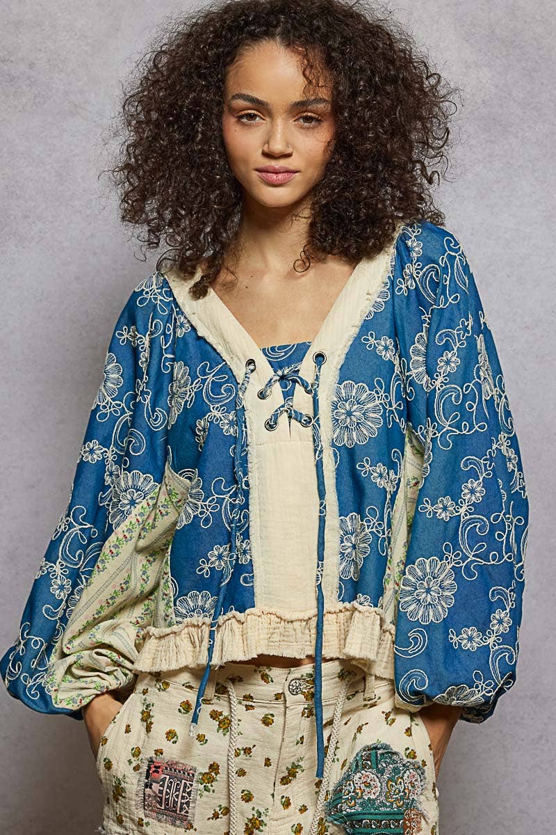 Strawberry V Neck Balloon Sleeve Floral Ruffle Woven Printed Top