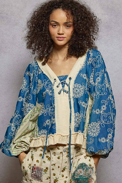Strawberry V Neck Balloon Sleeve Floral Ruffle Woven Printed Top