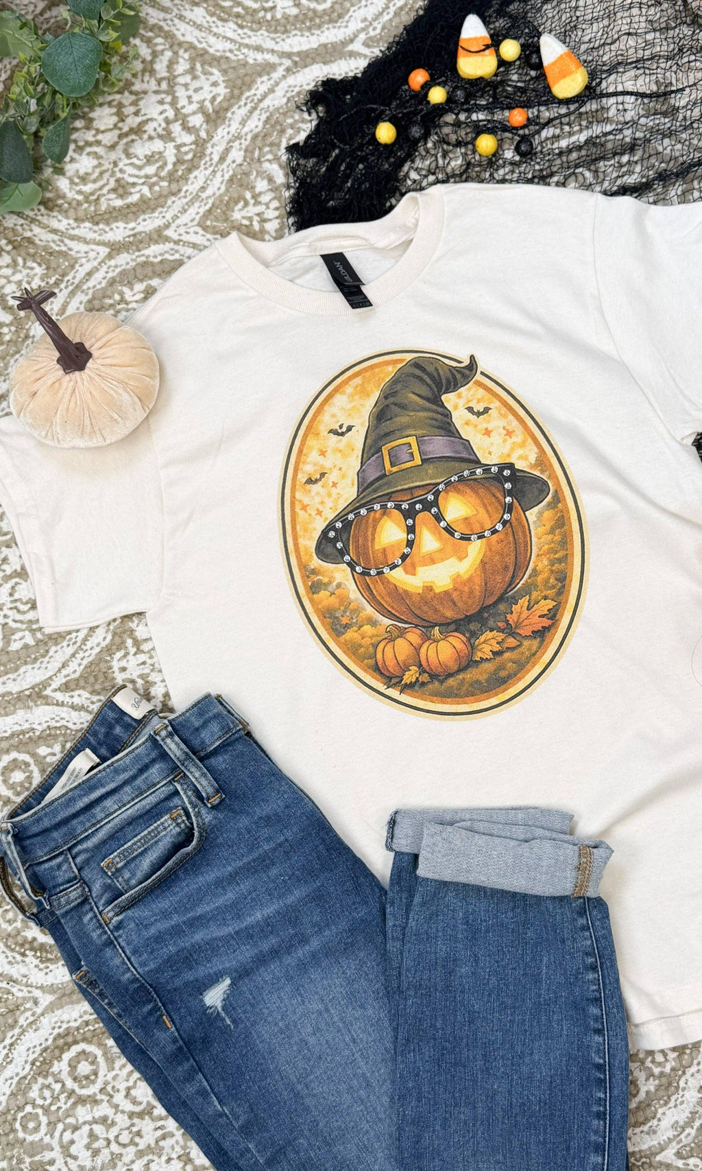 Sugar Stitch - Pumpkin with Rhinestone Specs Graphic T-Shirt