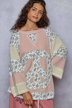 Pol Clothing - Round neck printed peace patch overlock stitch knit top