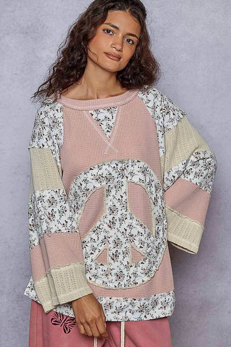Pol Clothing - Round neck printed peace patch overlock stitch knit top