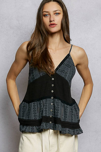 Pol Clothing - Adjustable Strap Ruffle Pintuck Sleeveless Cotton Top