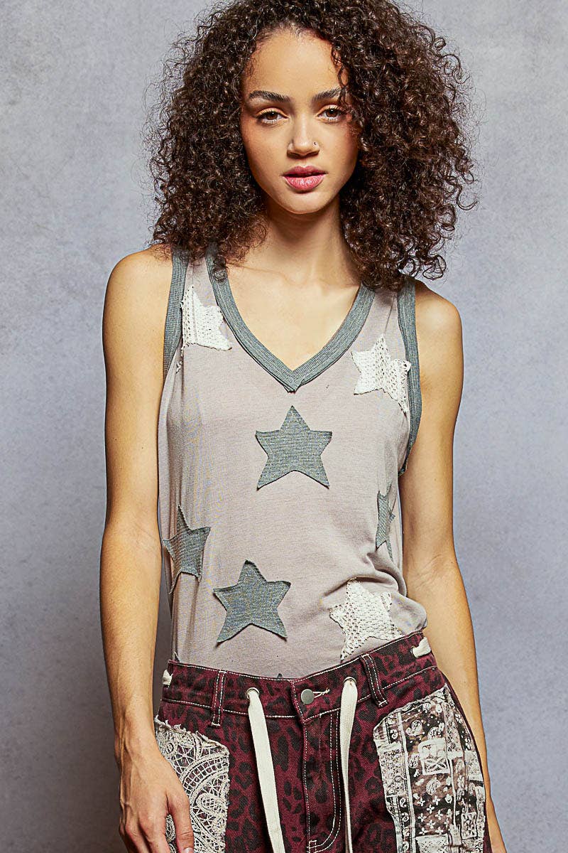 Pol Clothing - V-neck Sleeveless Front Star Patches