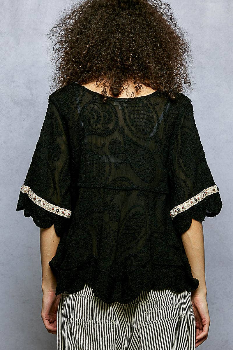 Pol Clothing - Short Sleeve Adjustable Drawstring Crochet V Neck Top