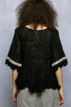 Pol Clothing - Short Sleeve Adjustable Drawstring Crochet V Neck Top