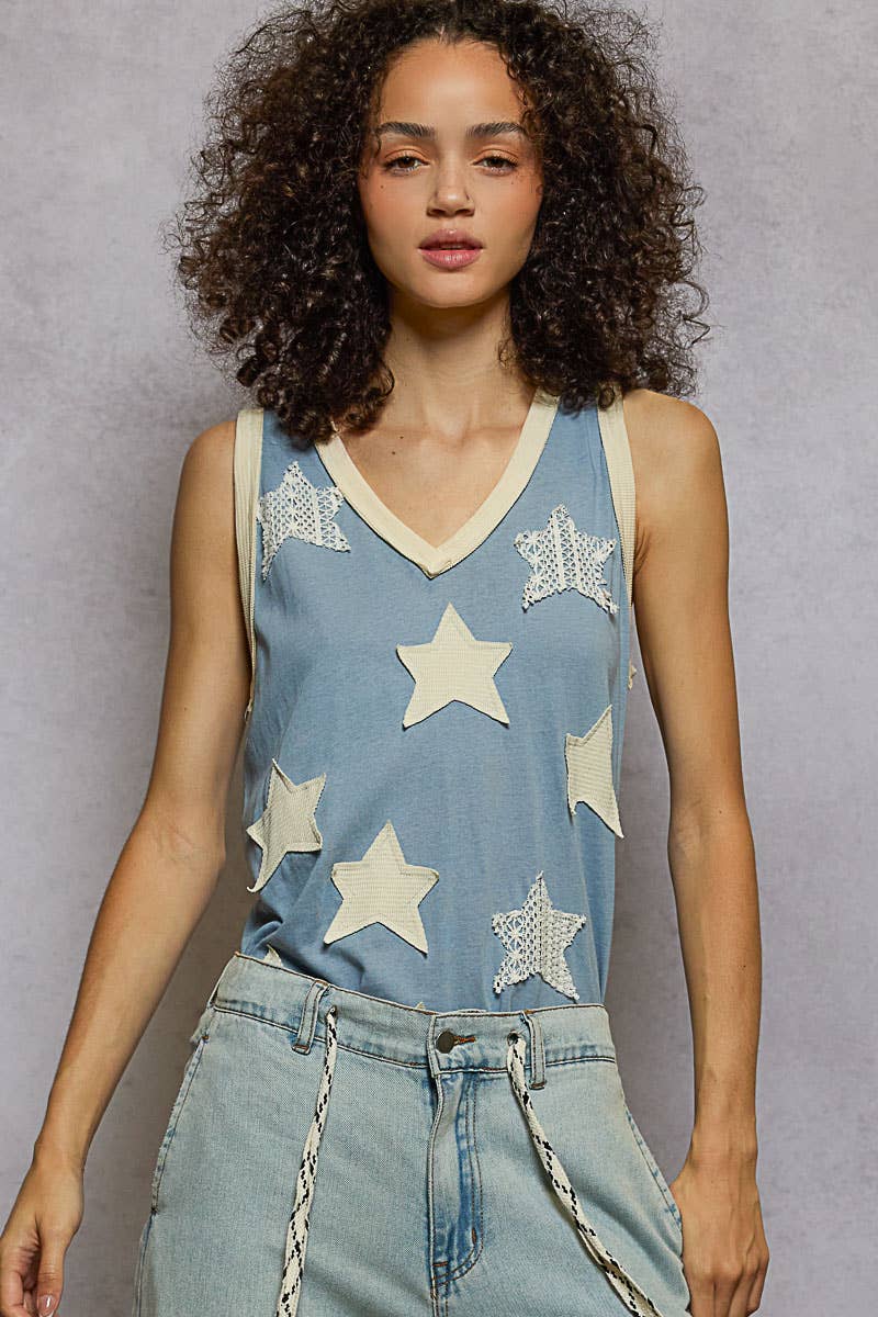 Pol Clothing - V-neck Sleeveless Front Star Patches